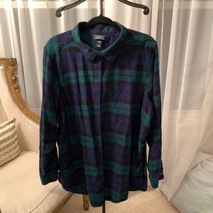 Lands' End 24W Green/Blue Plaid Flannel Shirt